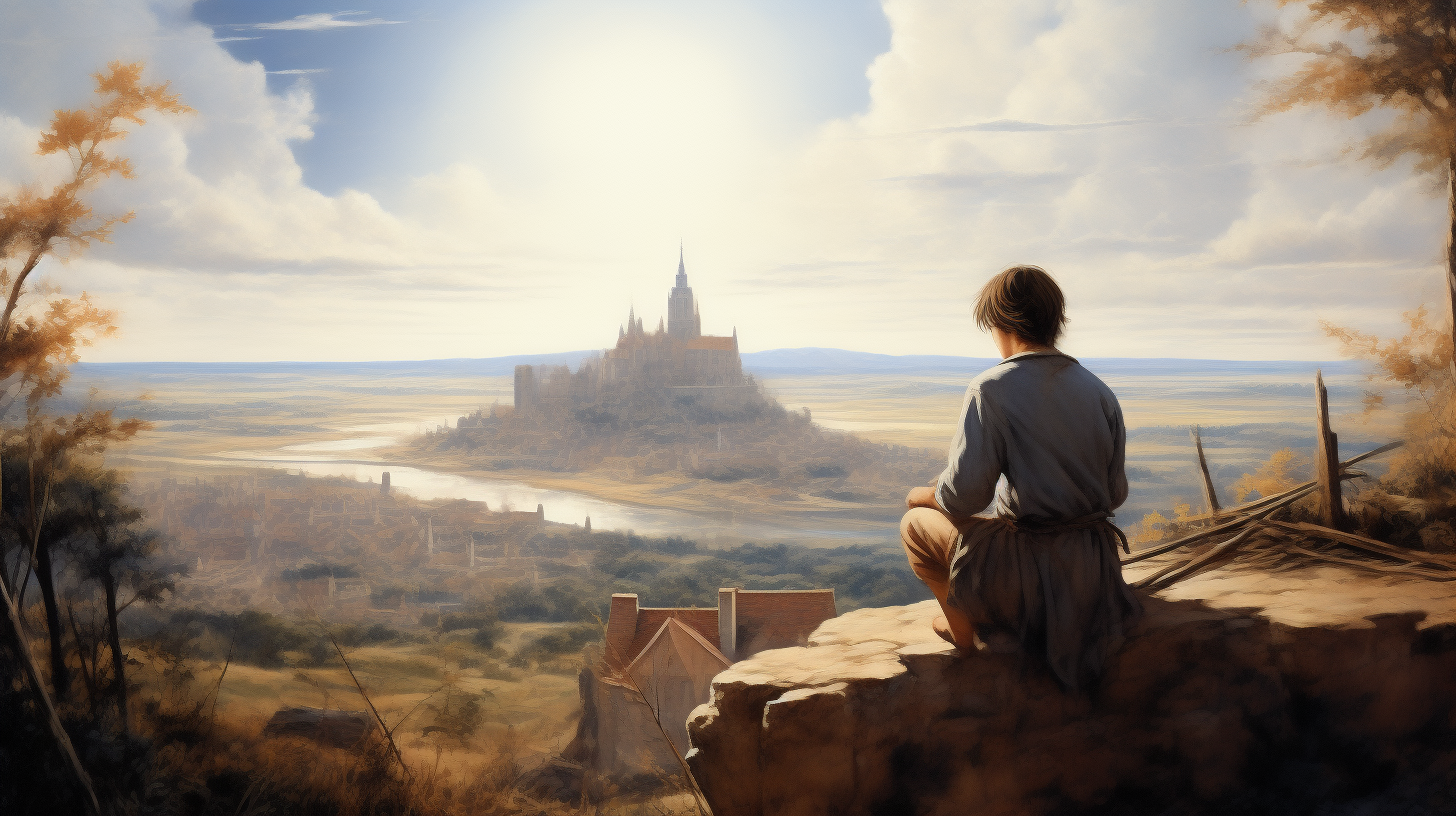 Young builder dreaming of distant town on horizon