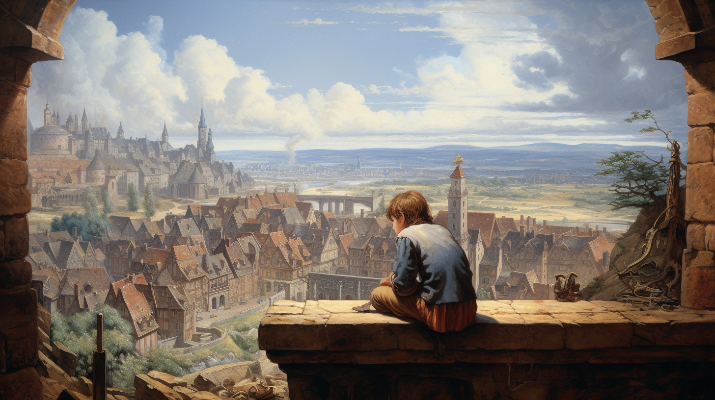 Illustration of a young builder overlooking a distant town