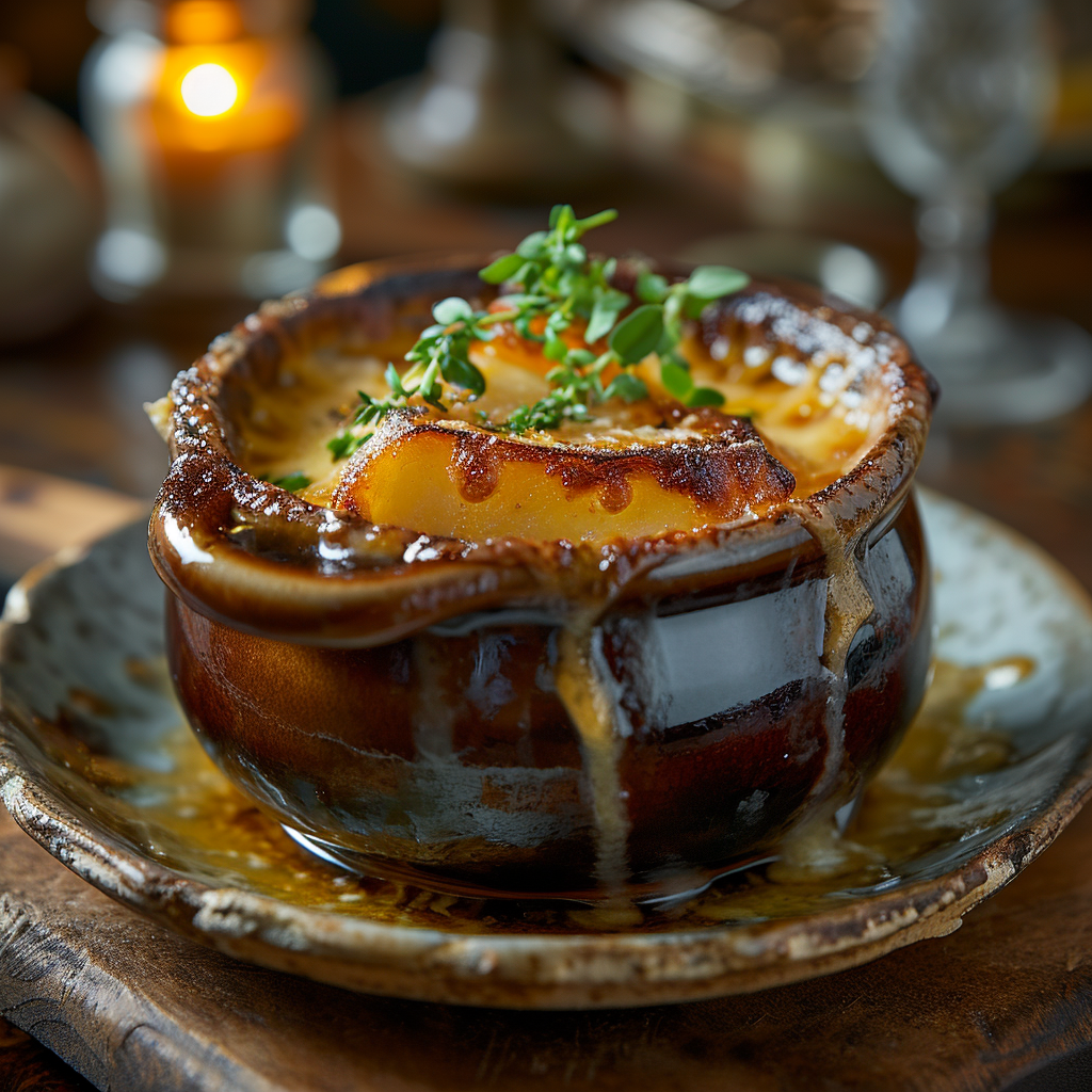 Delicious French Onion Soup at Fine Dining Restaurant