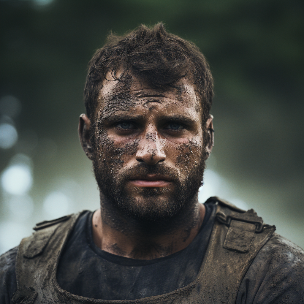 French rugby player covered in mud and sweat