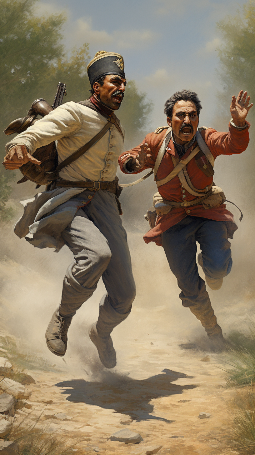 French soldier chasing Mexican in hyper-realistic portrayal