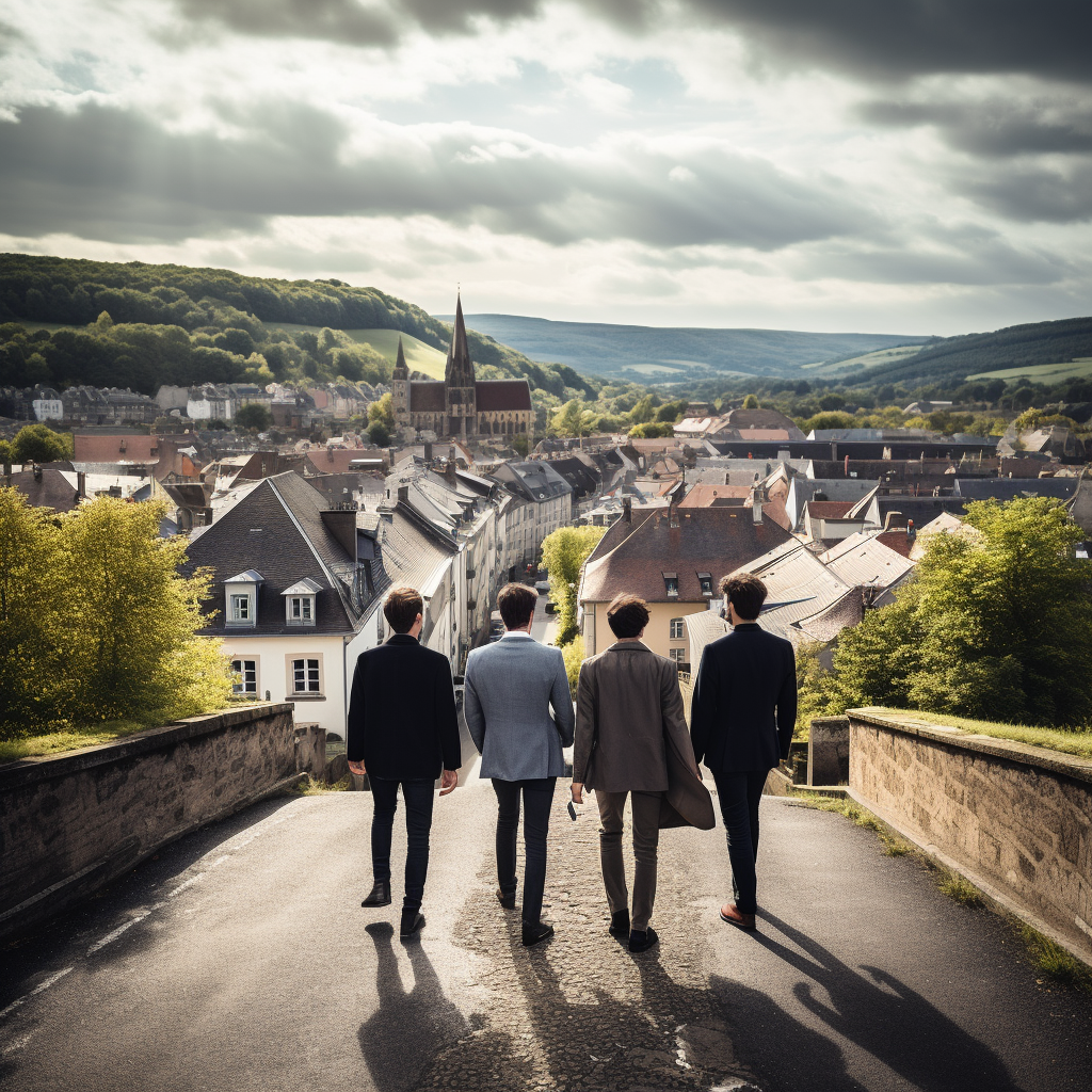 Two Men and Three Women Walking in French Town