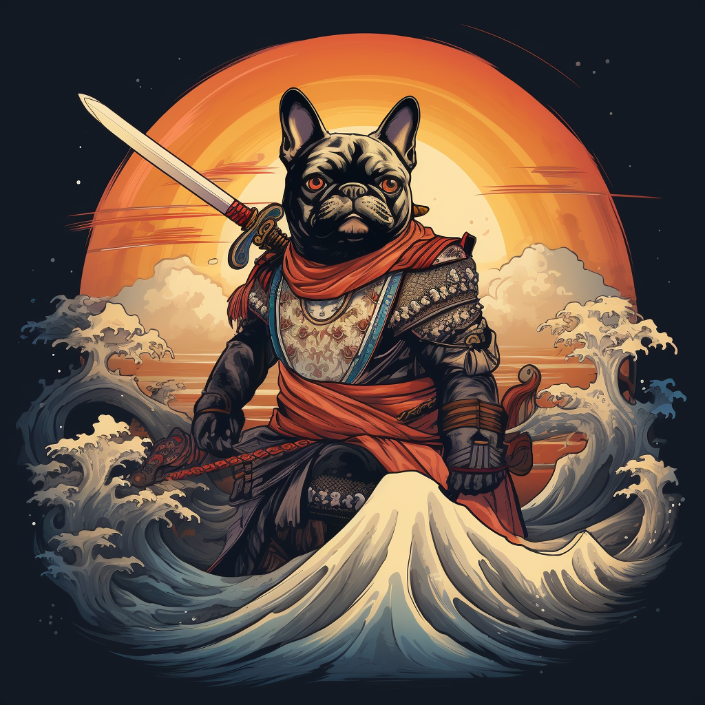 French bulldog riding horse with samurai sword