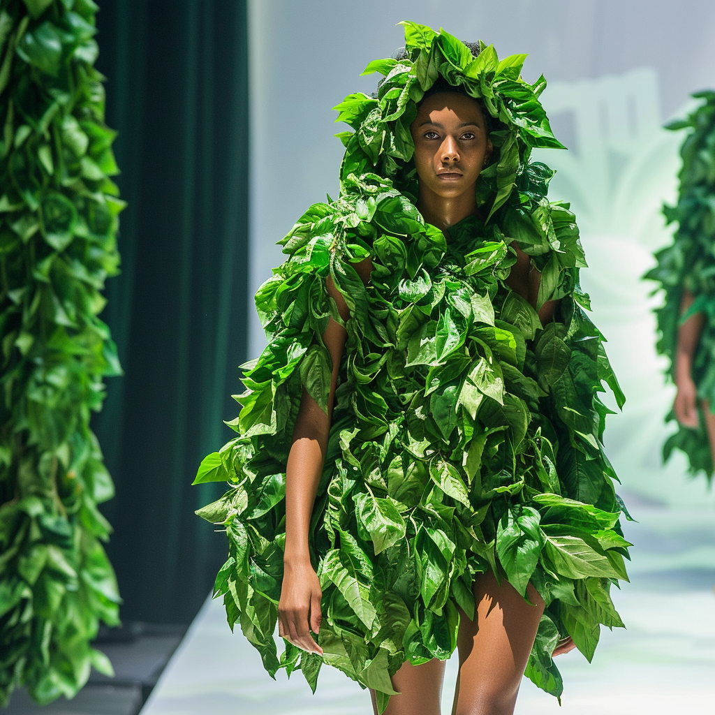 Models in basil leaf couture