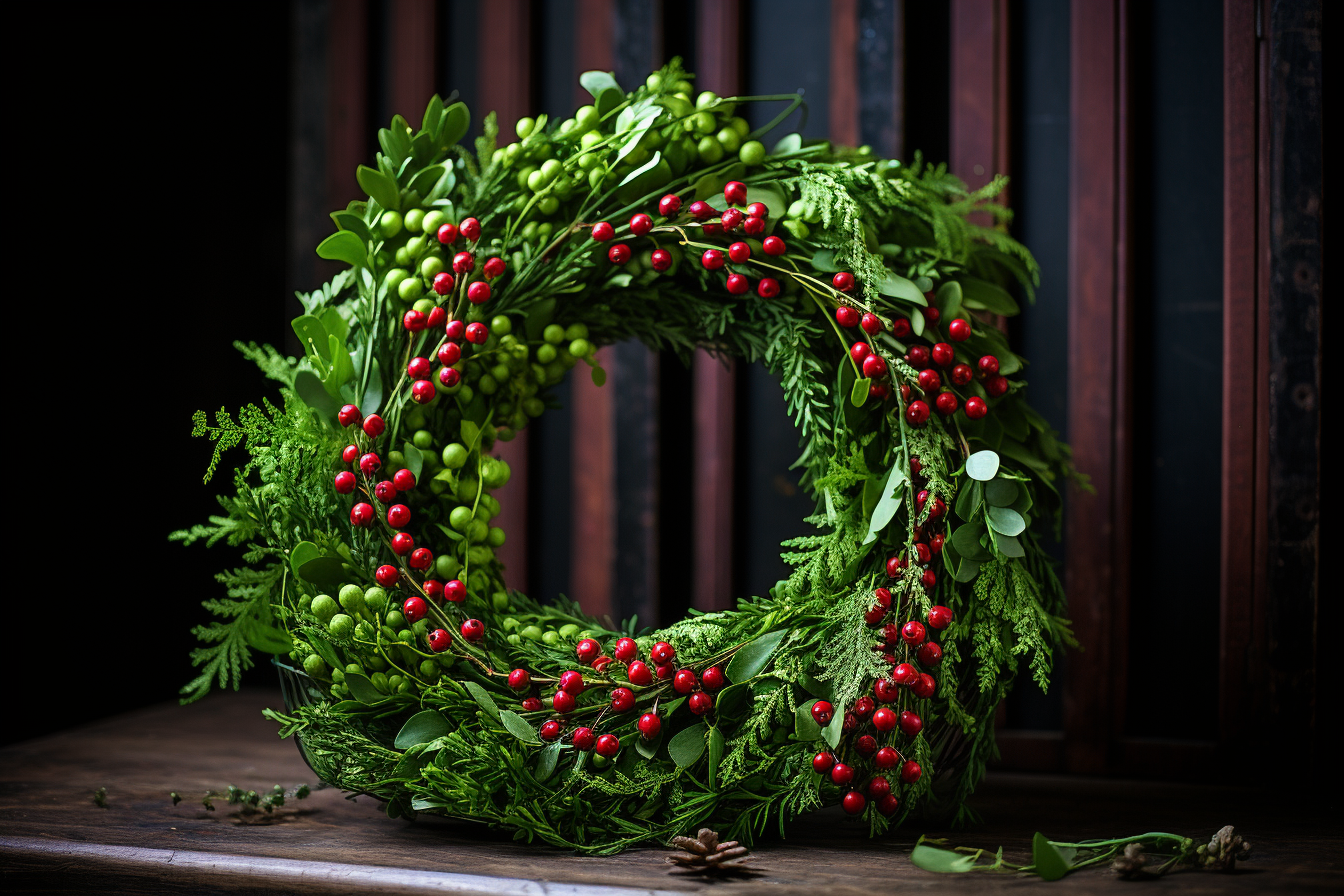 Fresh green solstice wreath with red berries