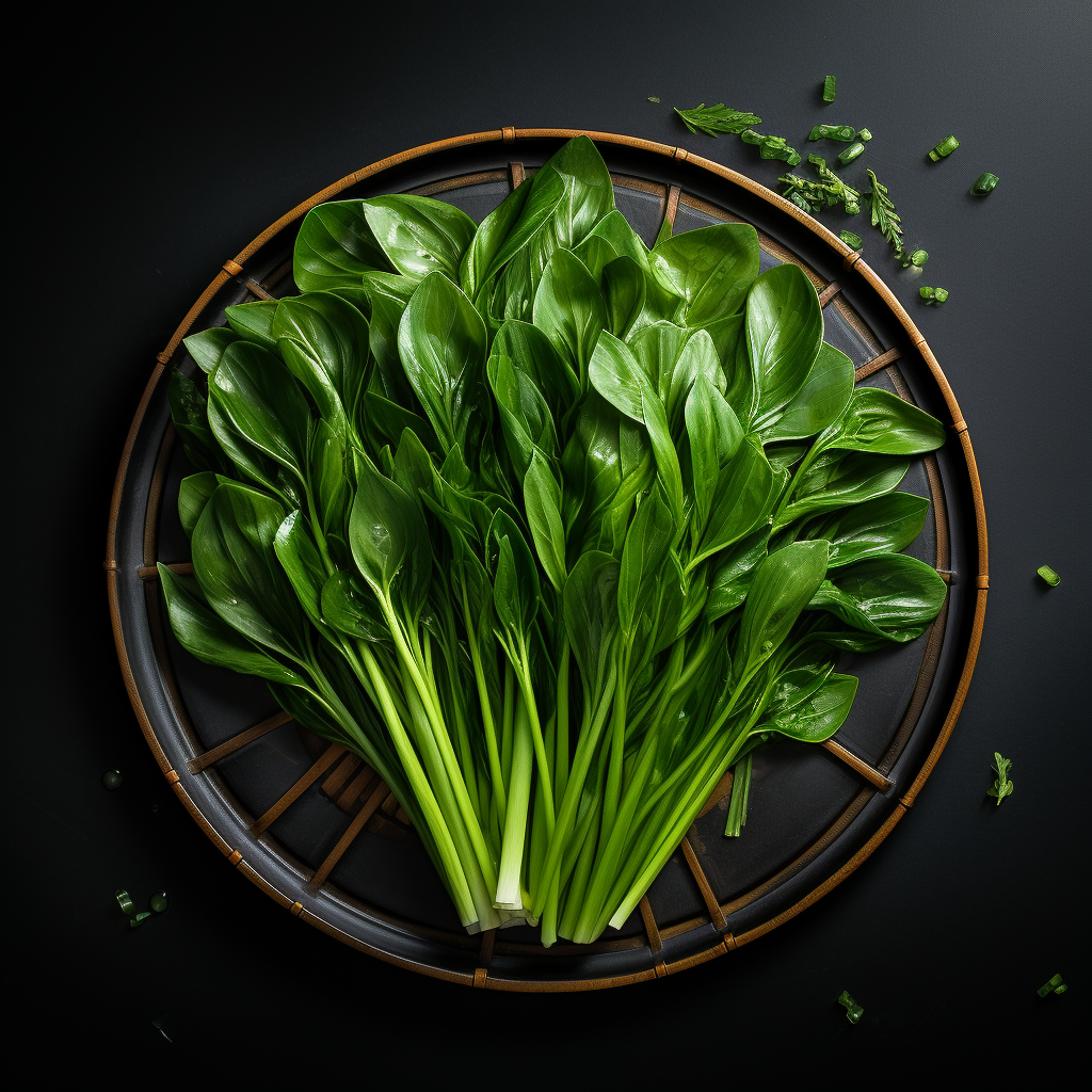 Fresh Water Spinach on Black Plate