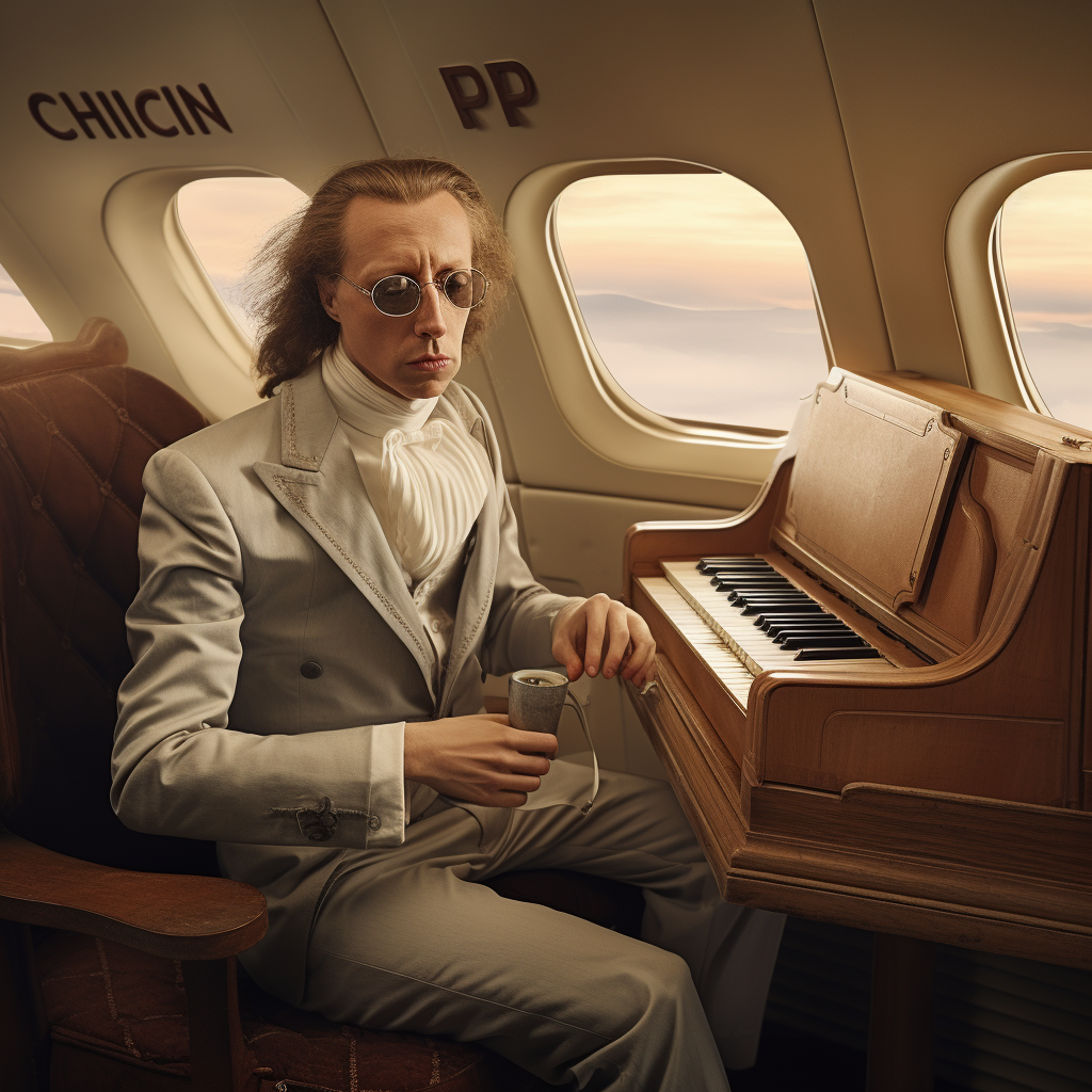 Friderick Chopin in airplane, realistic