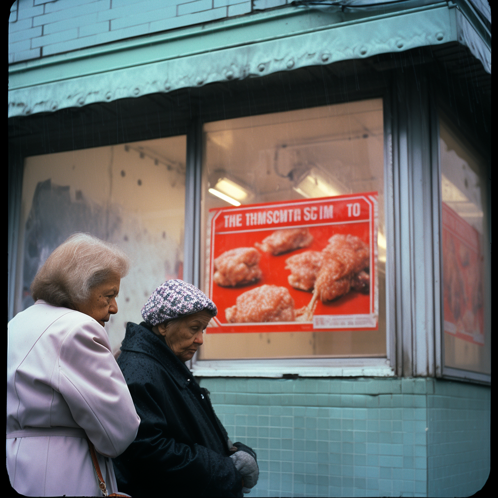 Two old women enjoying fried chicken