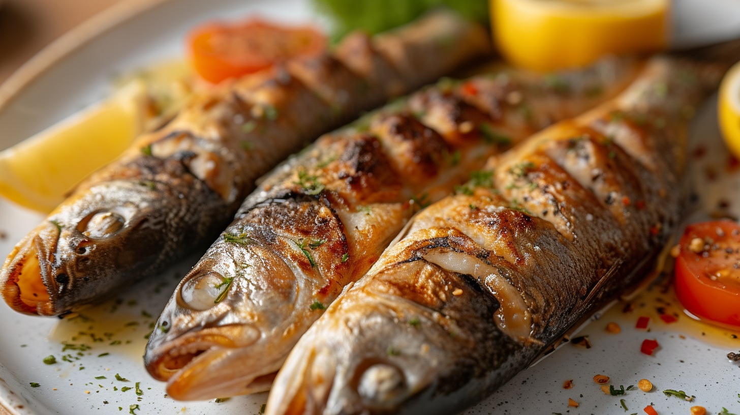 Three fried fish on white plate