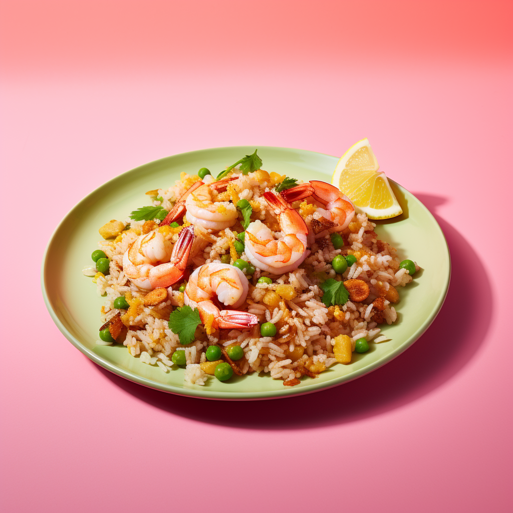 Fried rice with shrimp on pink background