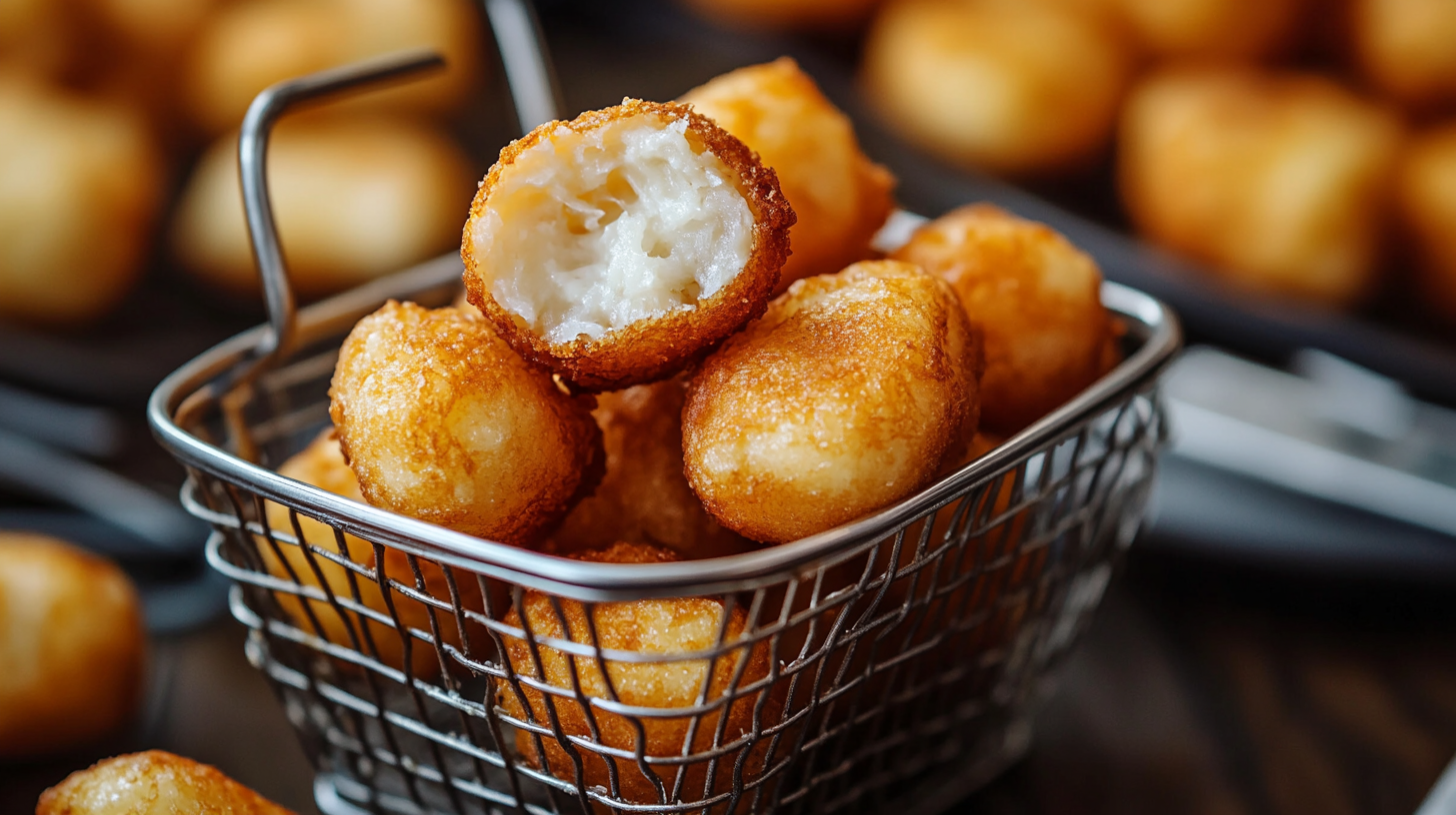 Golden fried snacks in metal basket