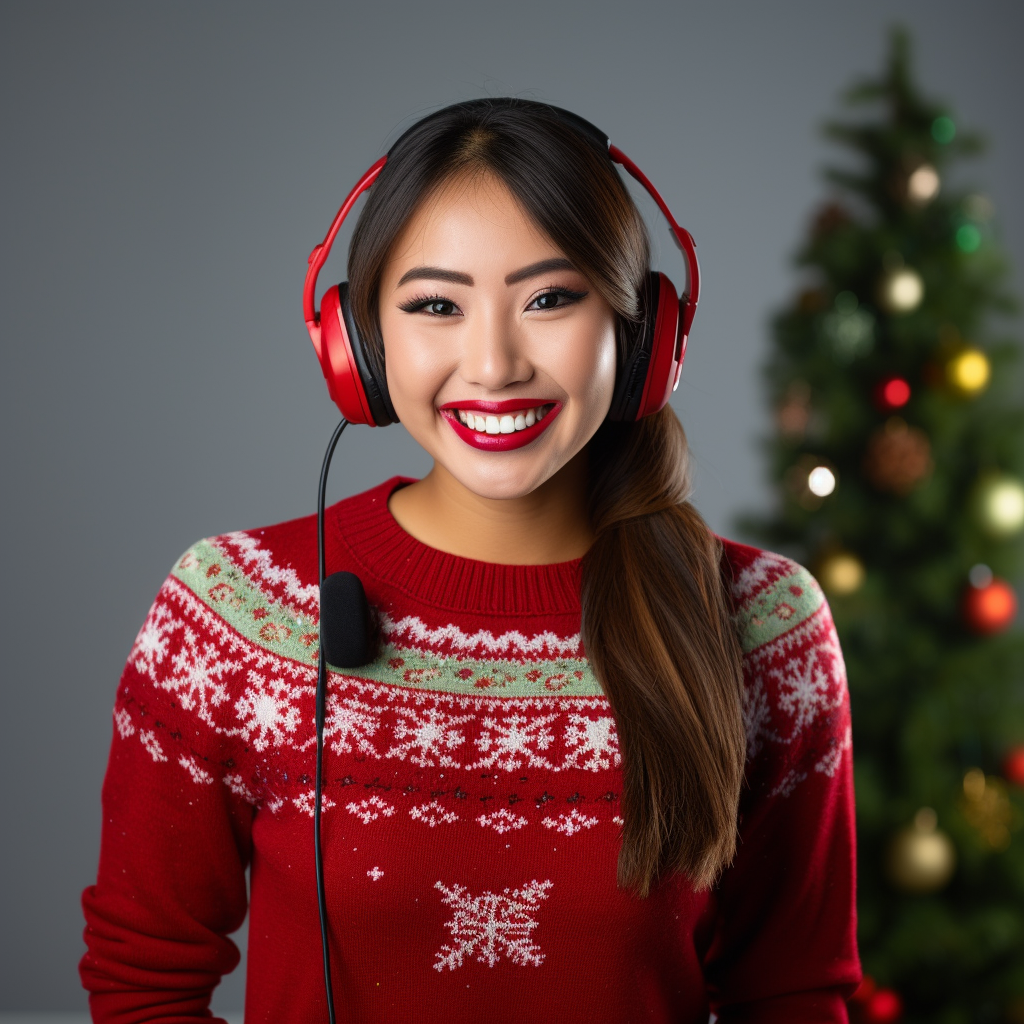 Asian female receptionist with genuine smile in holiday sweater