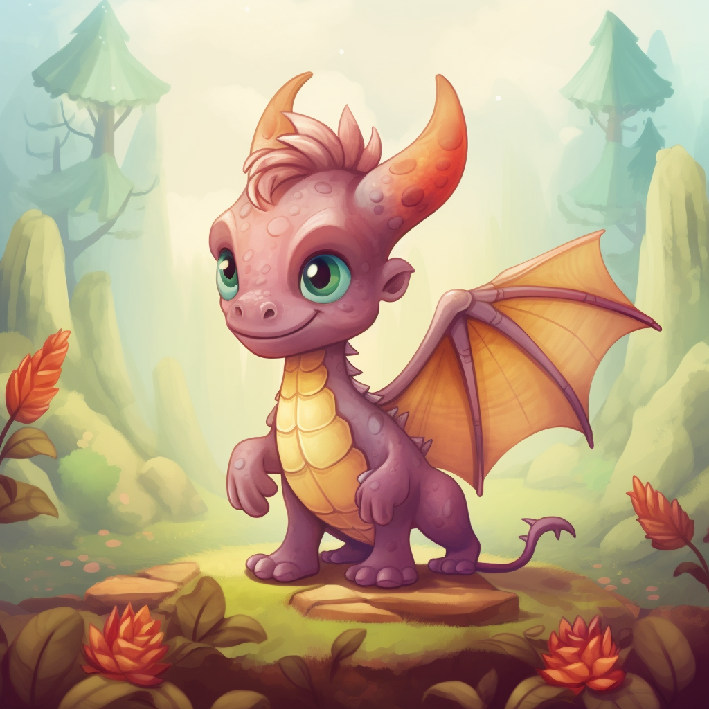 Cartoon Baby Dragon in Enchanted Forest