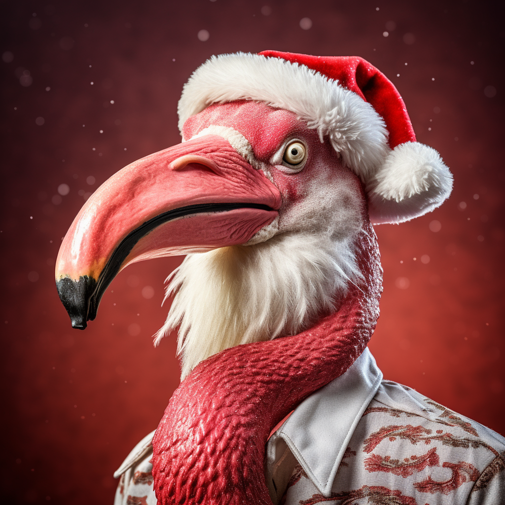 Flamingo head dressed as Santa