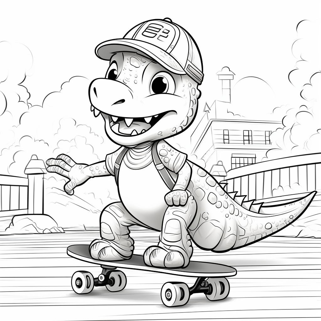 Friendly dinosaur riding a skate board coloring page