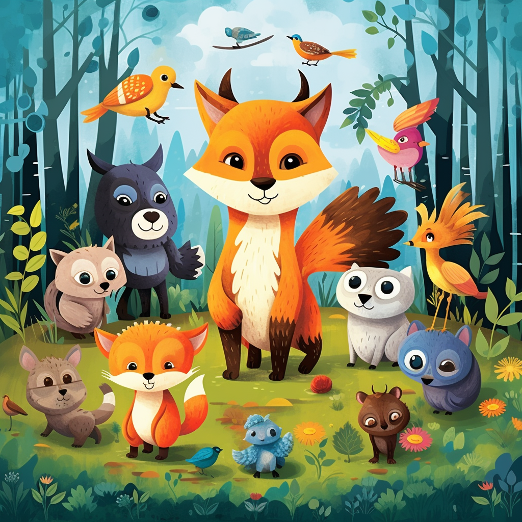 Friendly forest animals exploring nature