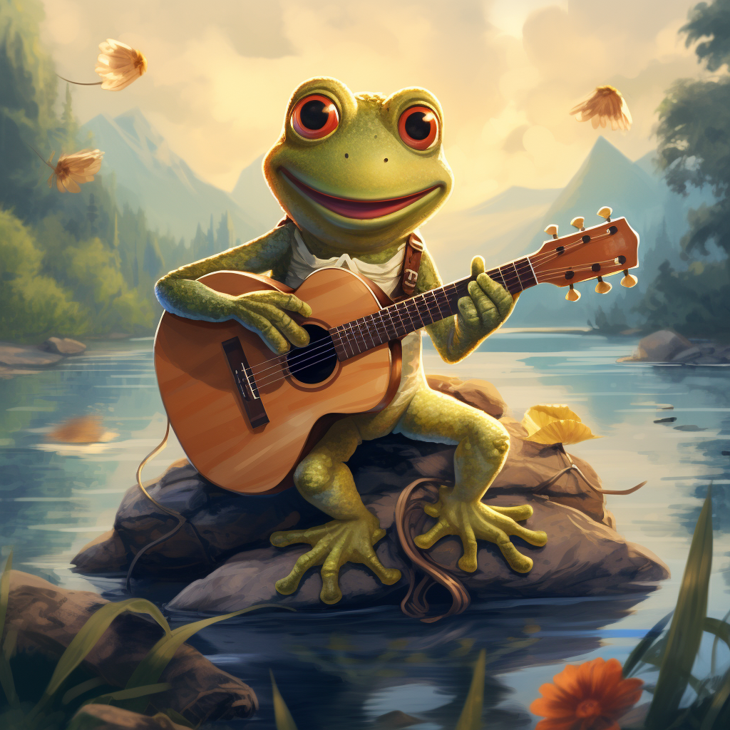 Friendly frog by the lake playing guitar with child