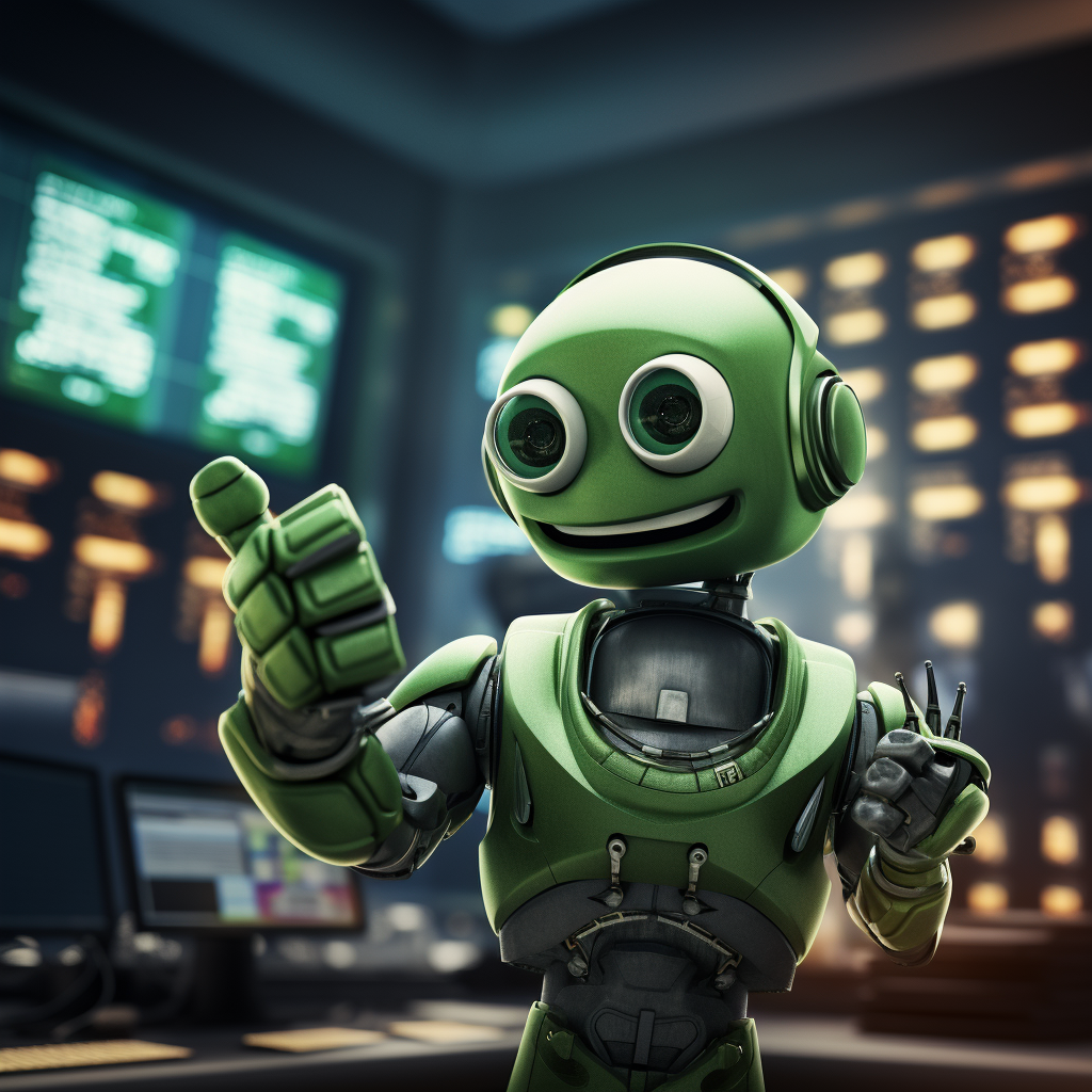 Friendly green robot trading stocks