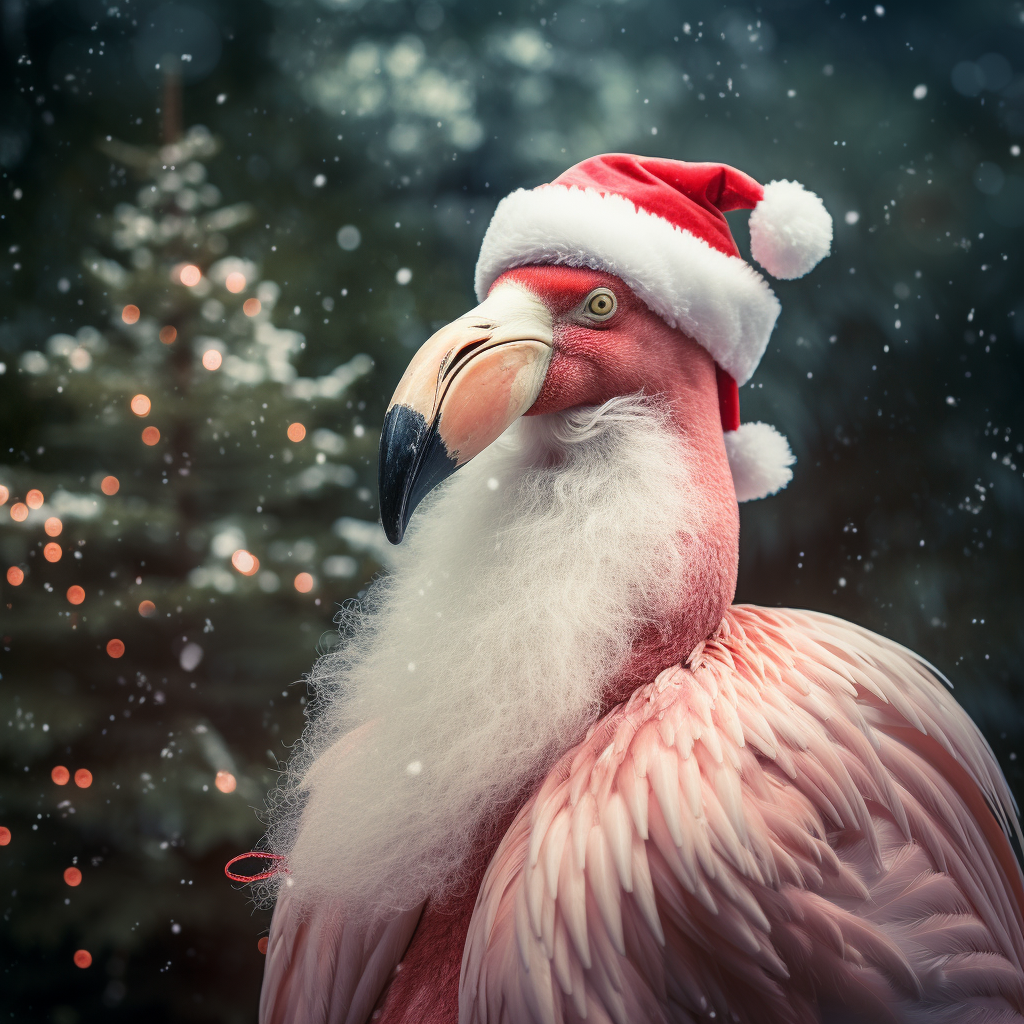 Flamingo dressed as Santa spreading holiday joy