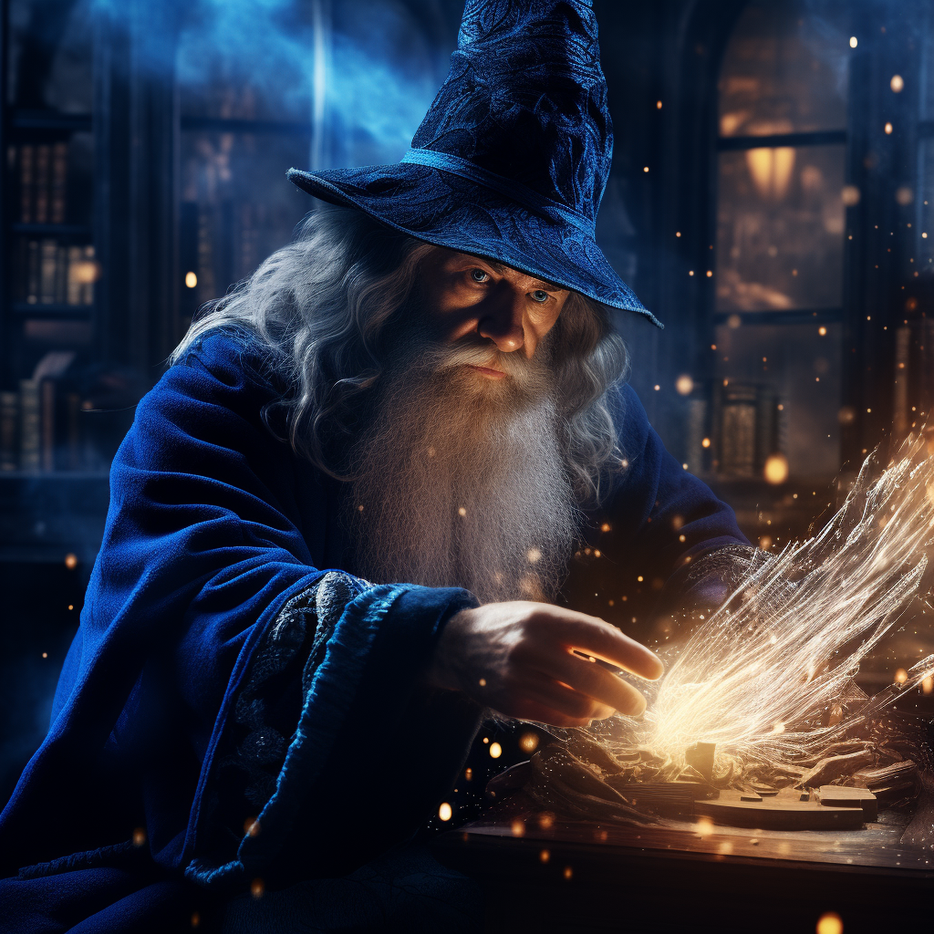 Friendly old wizard performing magic with blue sparks