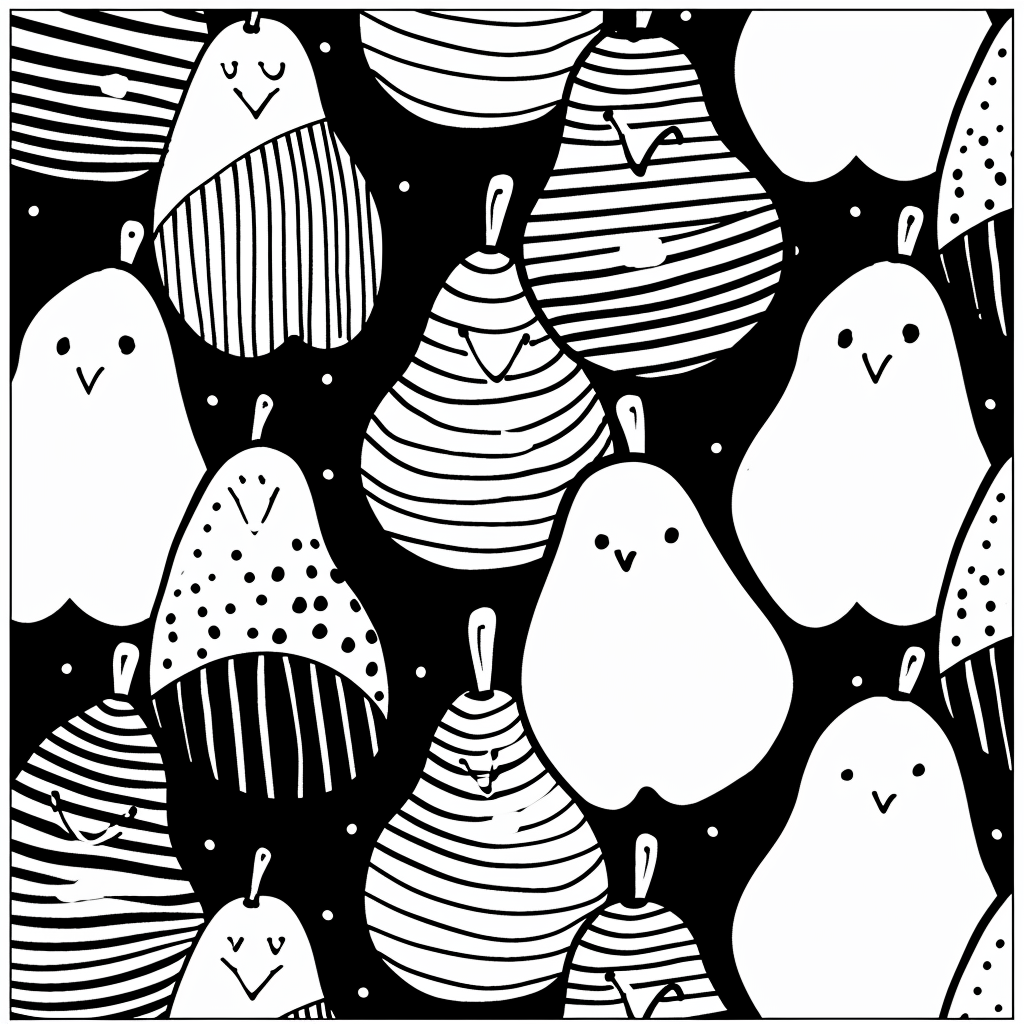 Minimalistic black and white coloring picture of friendly pears