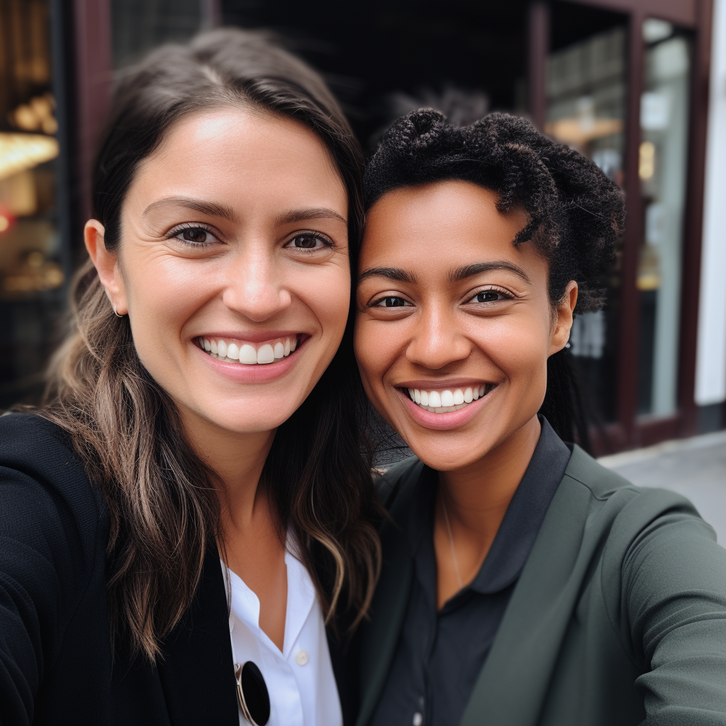 Two friendly professional women posing together