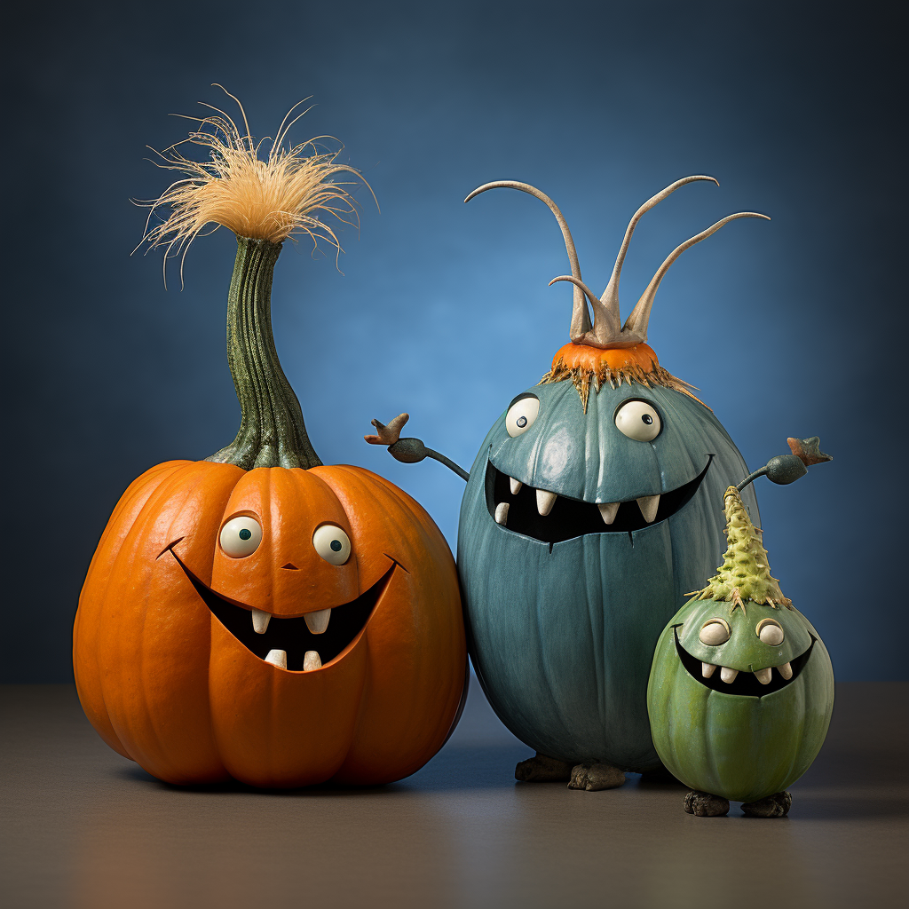 Smiling blue, orange, and green pumpkins