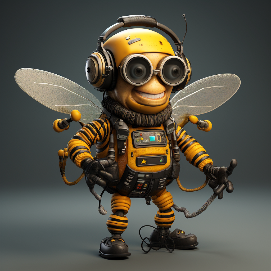 3D drawing of a friendly smiling fly dressed as a bee