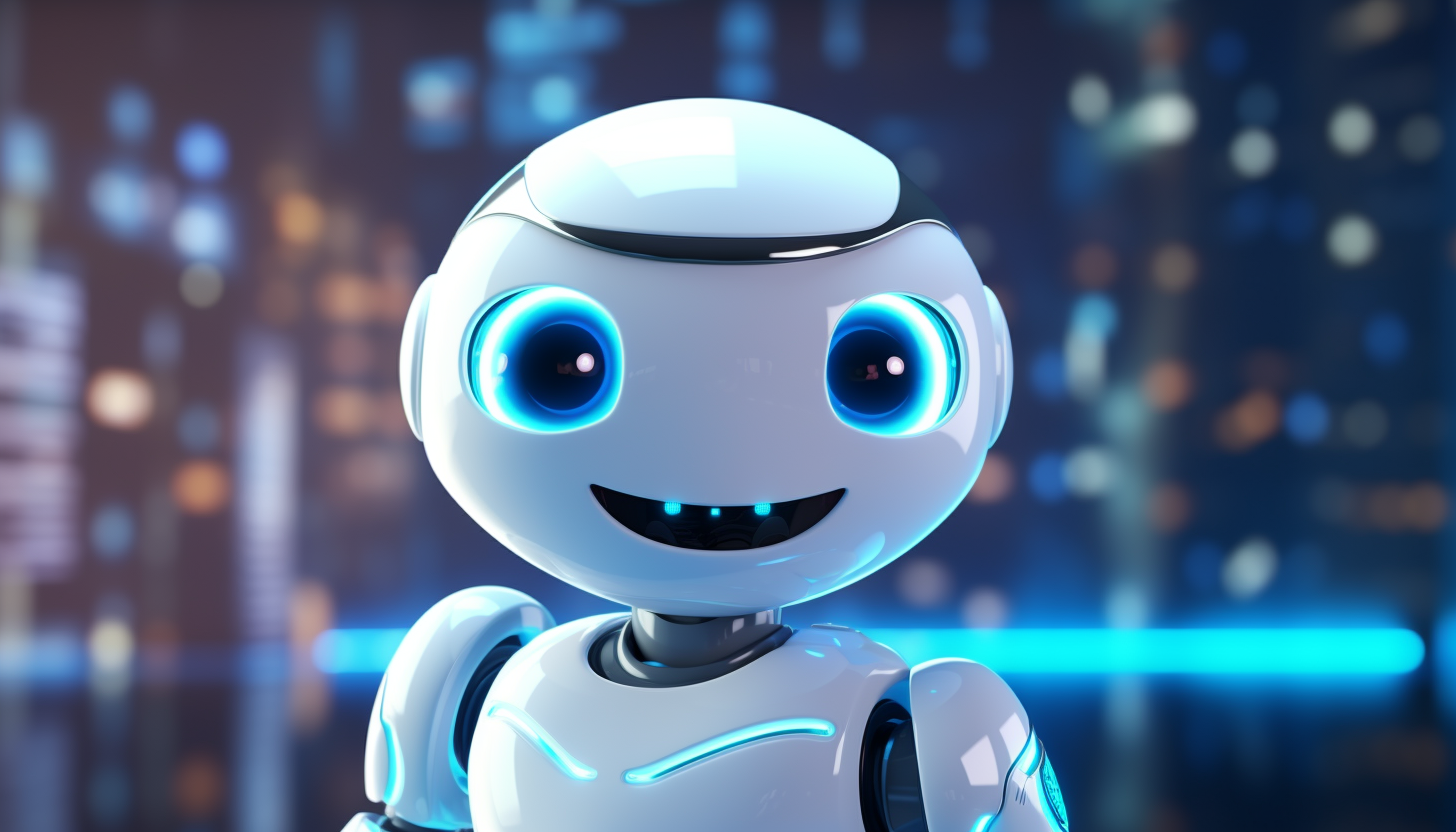 Smiling white roboter standing in cyan neon lights