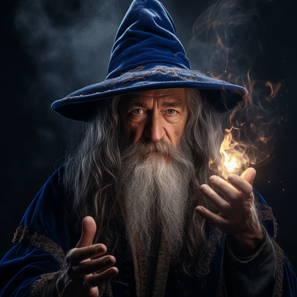 Old Wizard Performing Magical Blue Sparks