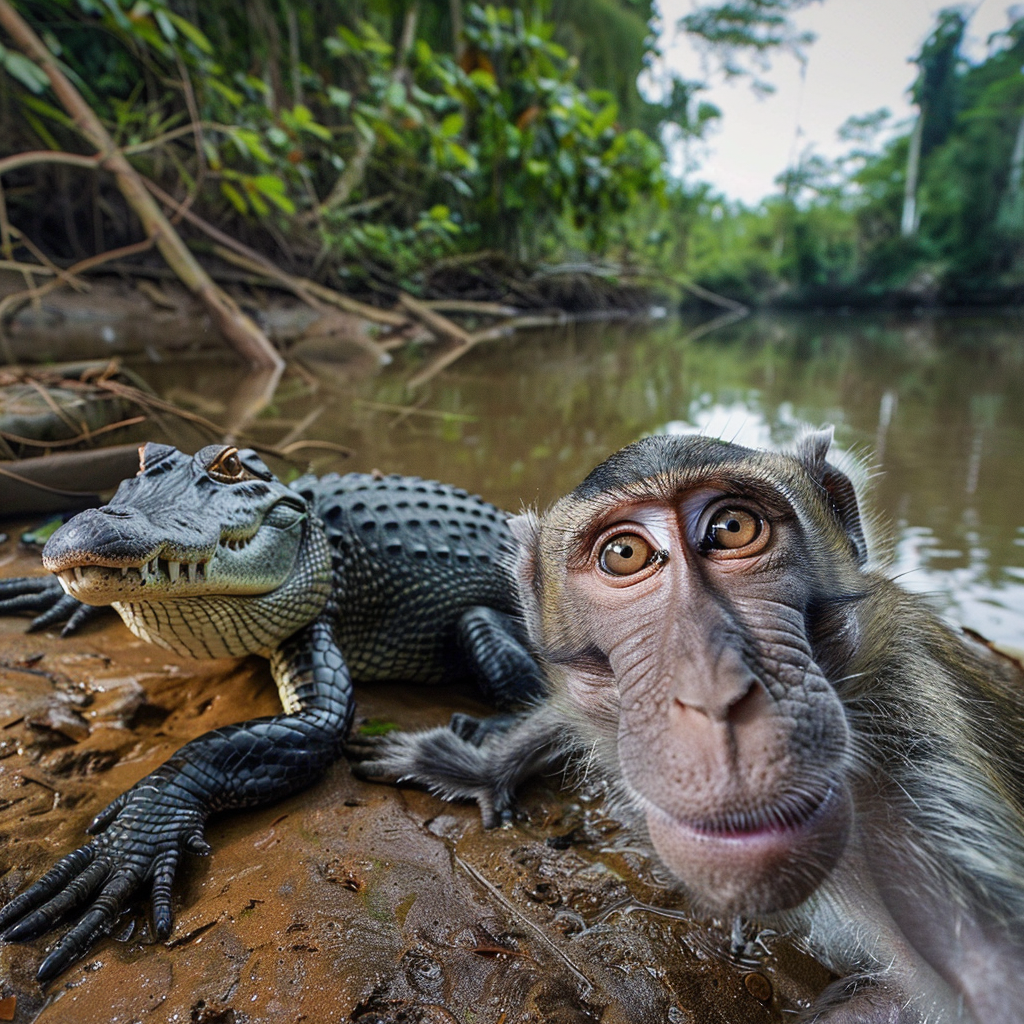 Friendly Monkey Crocodile Pond Selfie