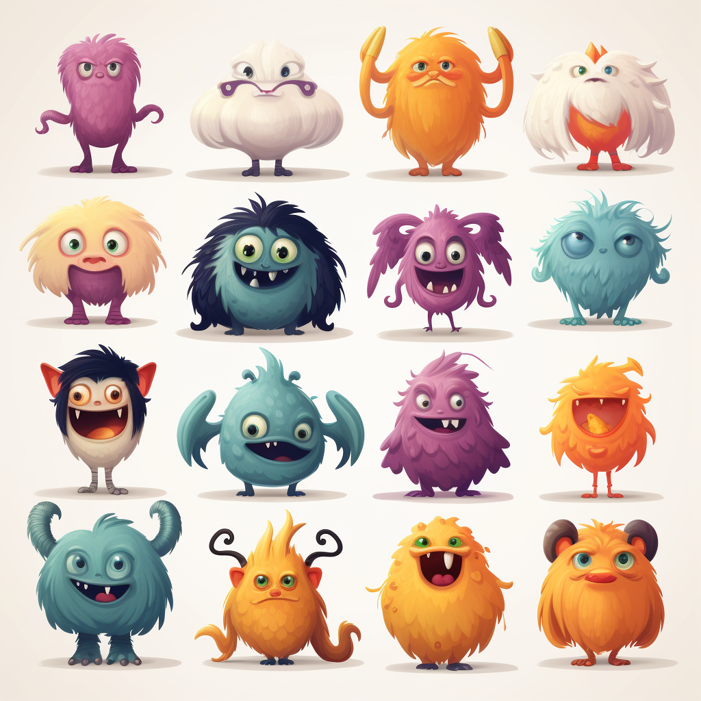 Adorable Pixar-style monster characters playing together