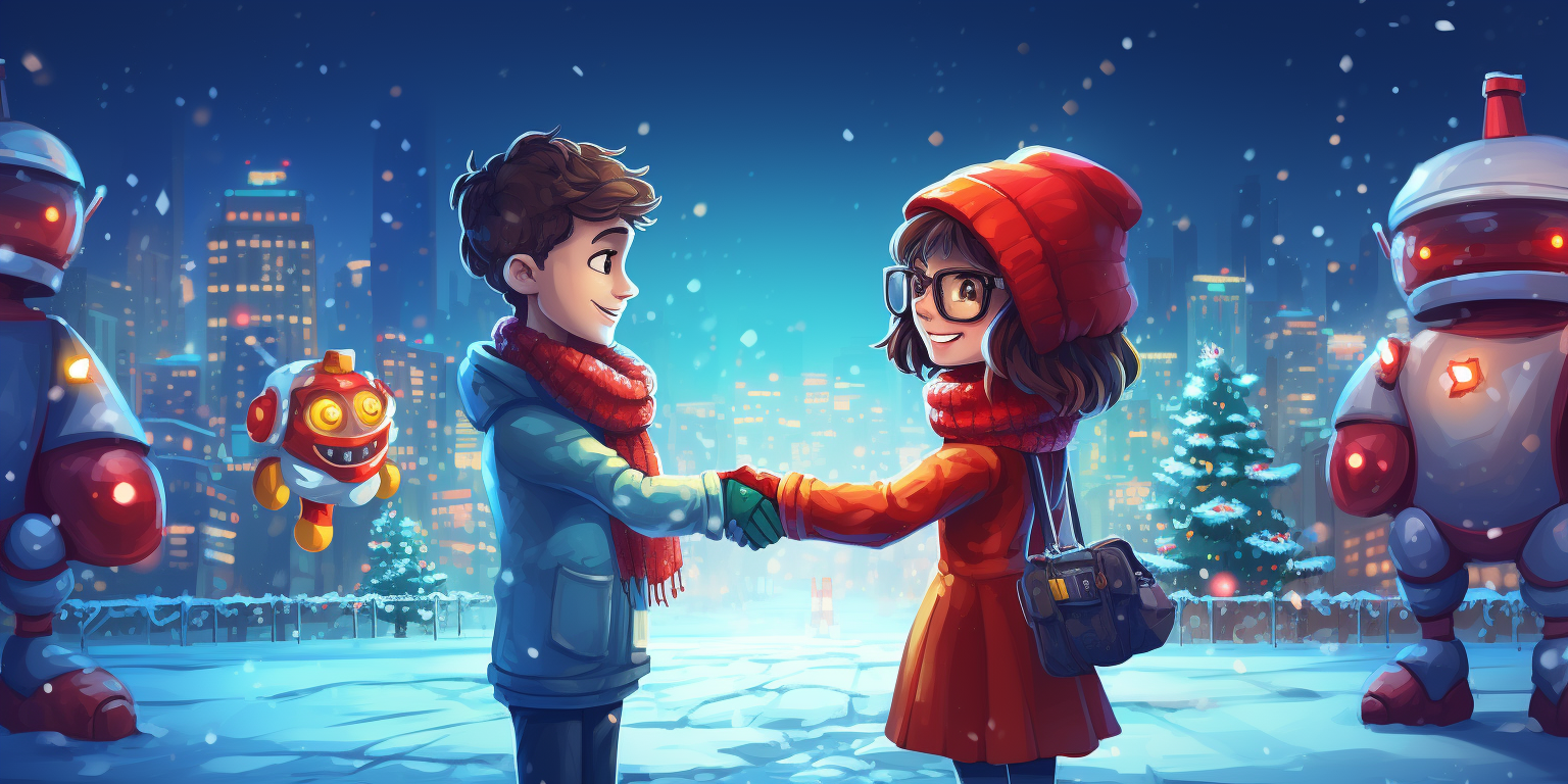 Friendly robot and female developer shaking hands in winter scene