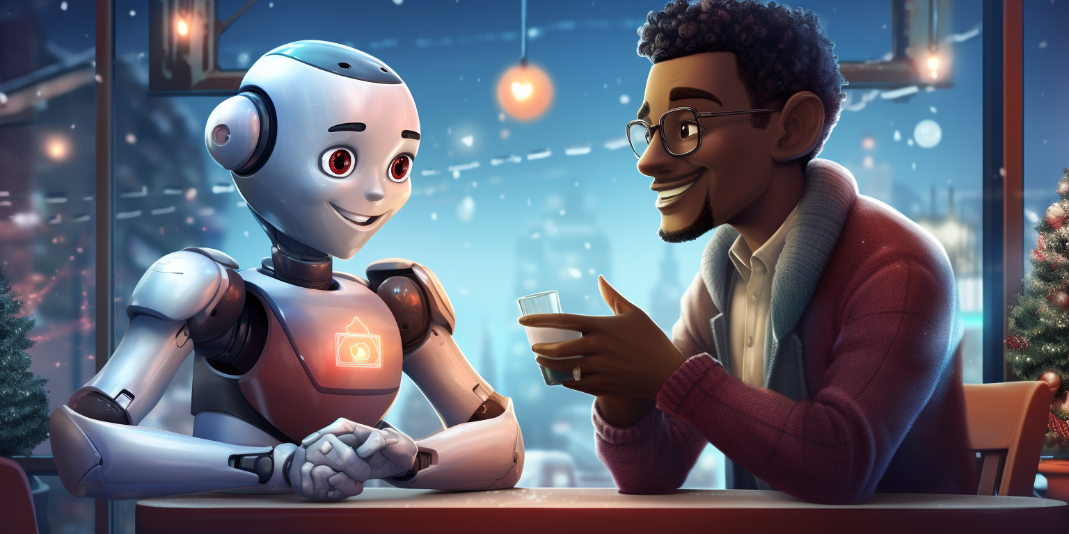 Friendly robot whispering to software developer in vibrant winter scene