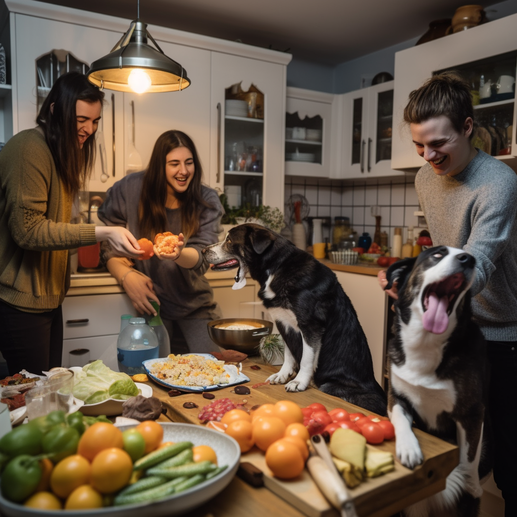 Group of friends cooking with their dogs