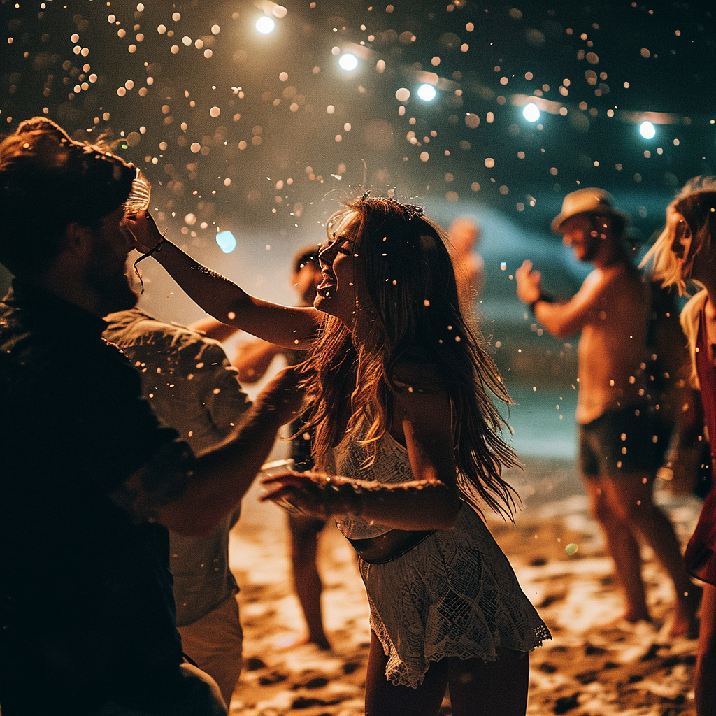 Group of friends dancing at New Year's Eve beach party