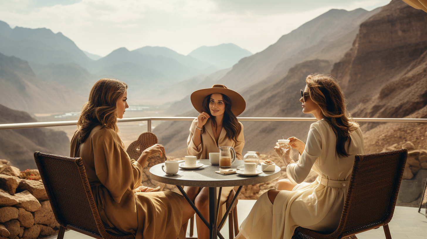 Three friends dining on a mountain deck