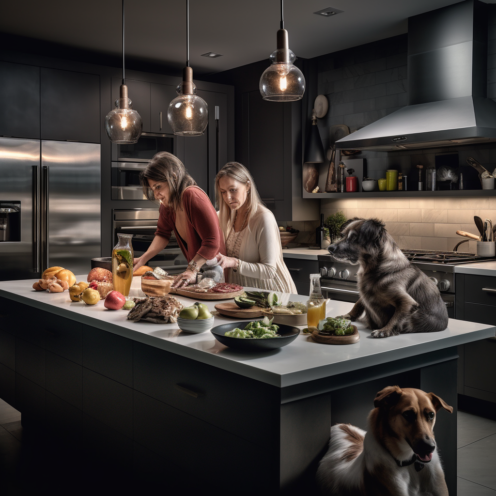 Friends and dogs cooking in a modern kitchen