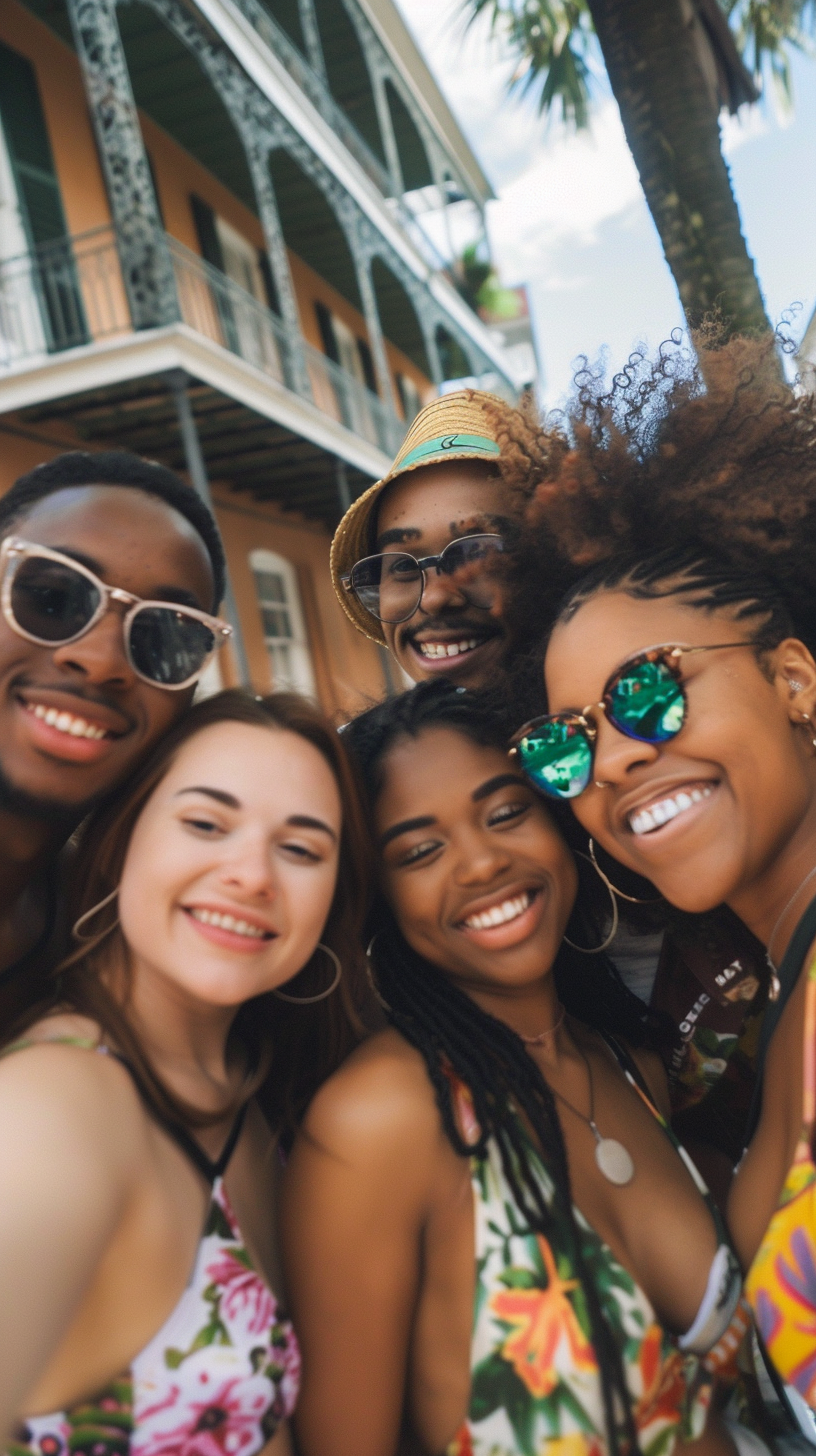 diverse group friends selfie New Orleans