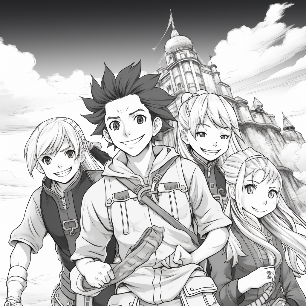 Anime-style friends on magical adventure coloring page