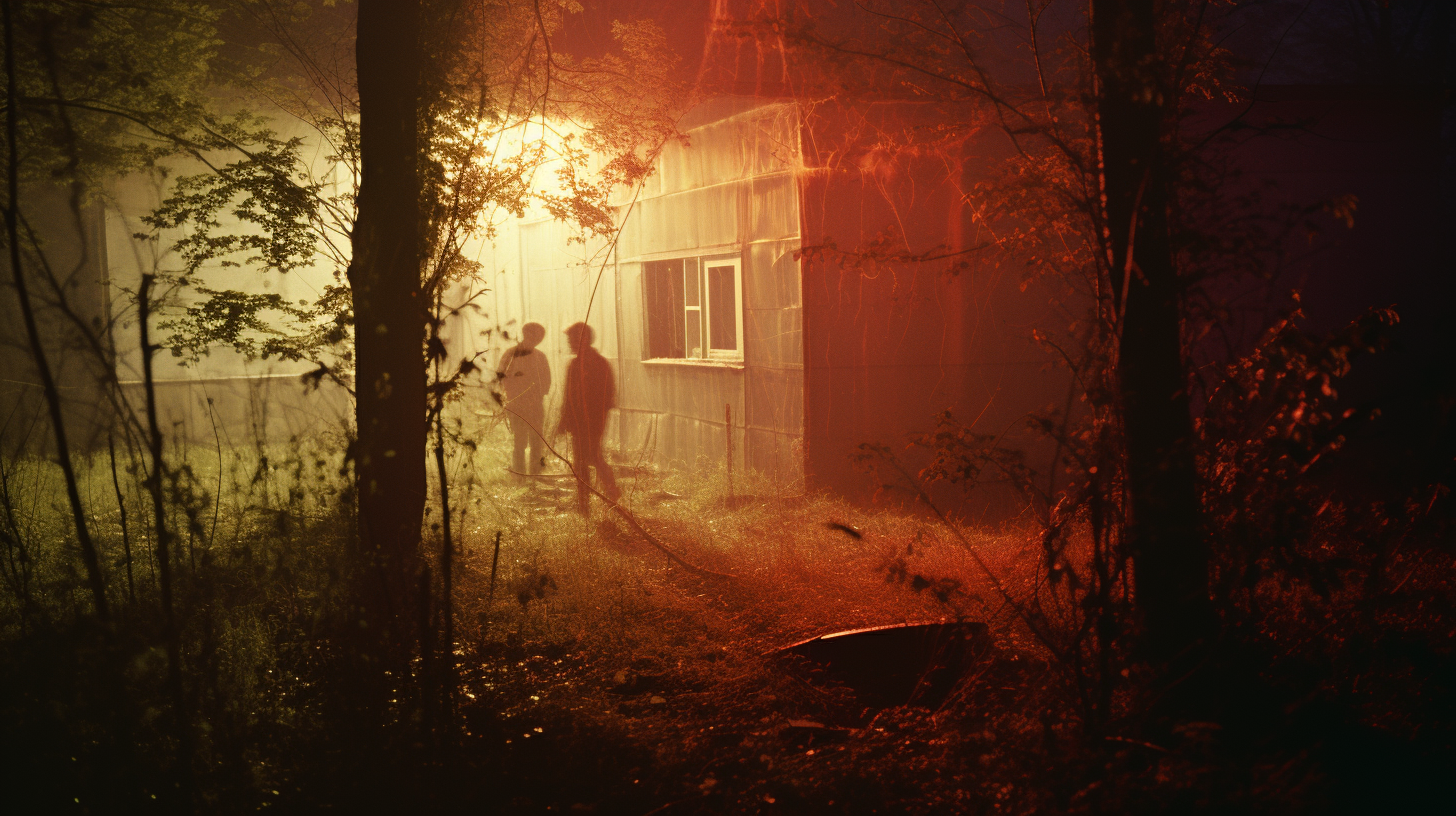 Two friends meeting near a house in the woods