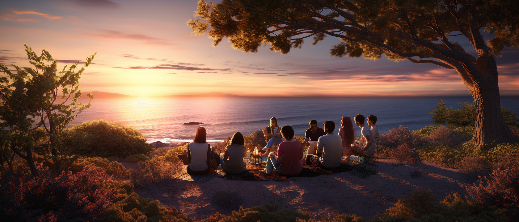 Group of Friends Enjoying Beautiful Ocean Landscape