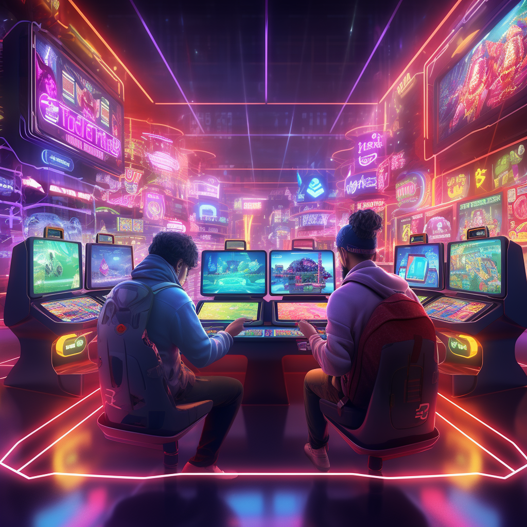 Friends playing game together in neon store