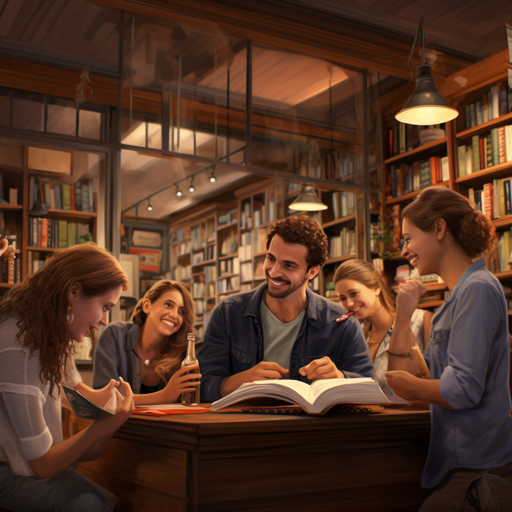 Friends sharing a book and a cocktail in a French bookstore