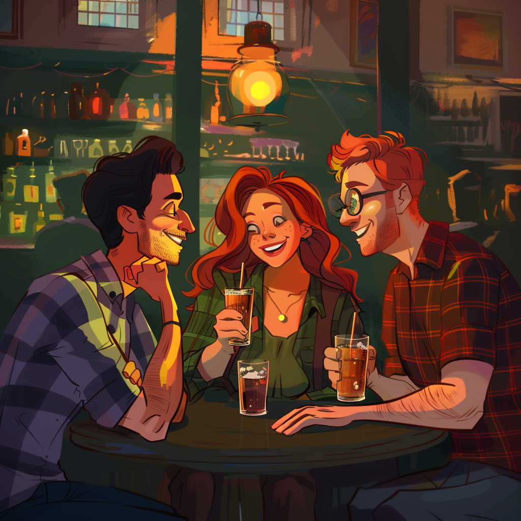 Cartoon friends drinking at pub