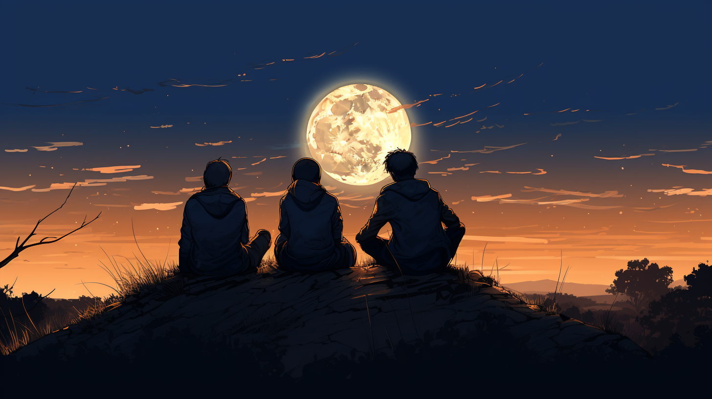 Three friends enjoying a moonlit evening