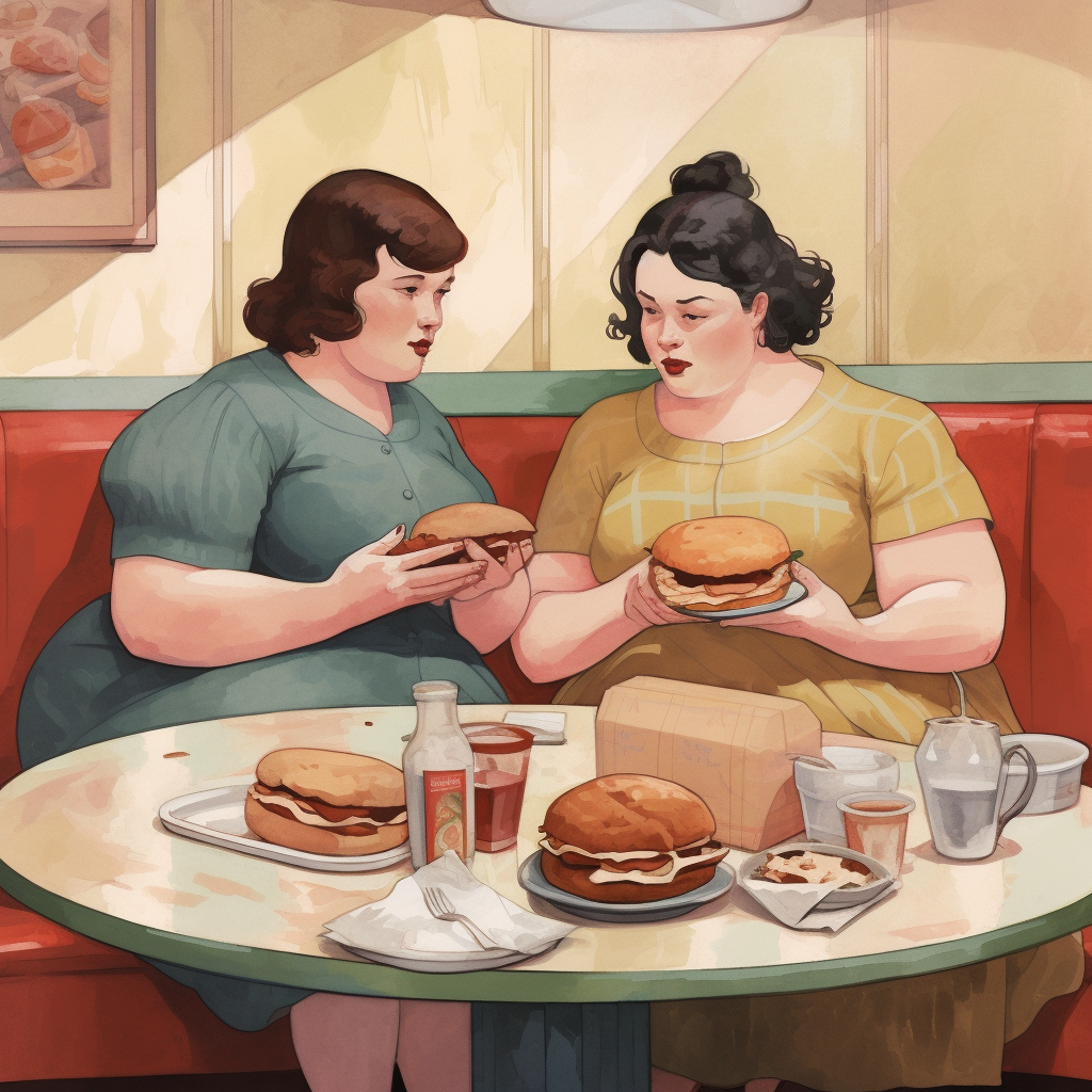 Two friends sharing stories and sandwiches in a diner