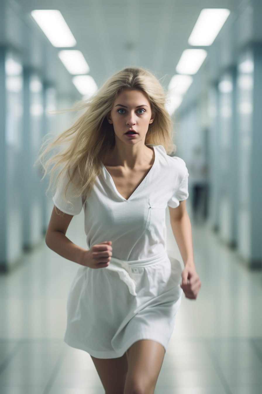 Frightened young blonde woman running in hospital hallway