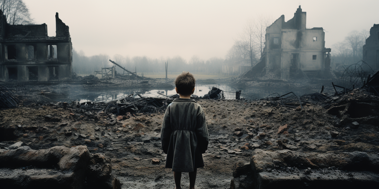 Image of frightened child amidst ruins