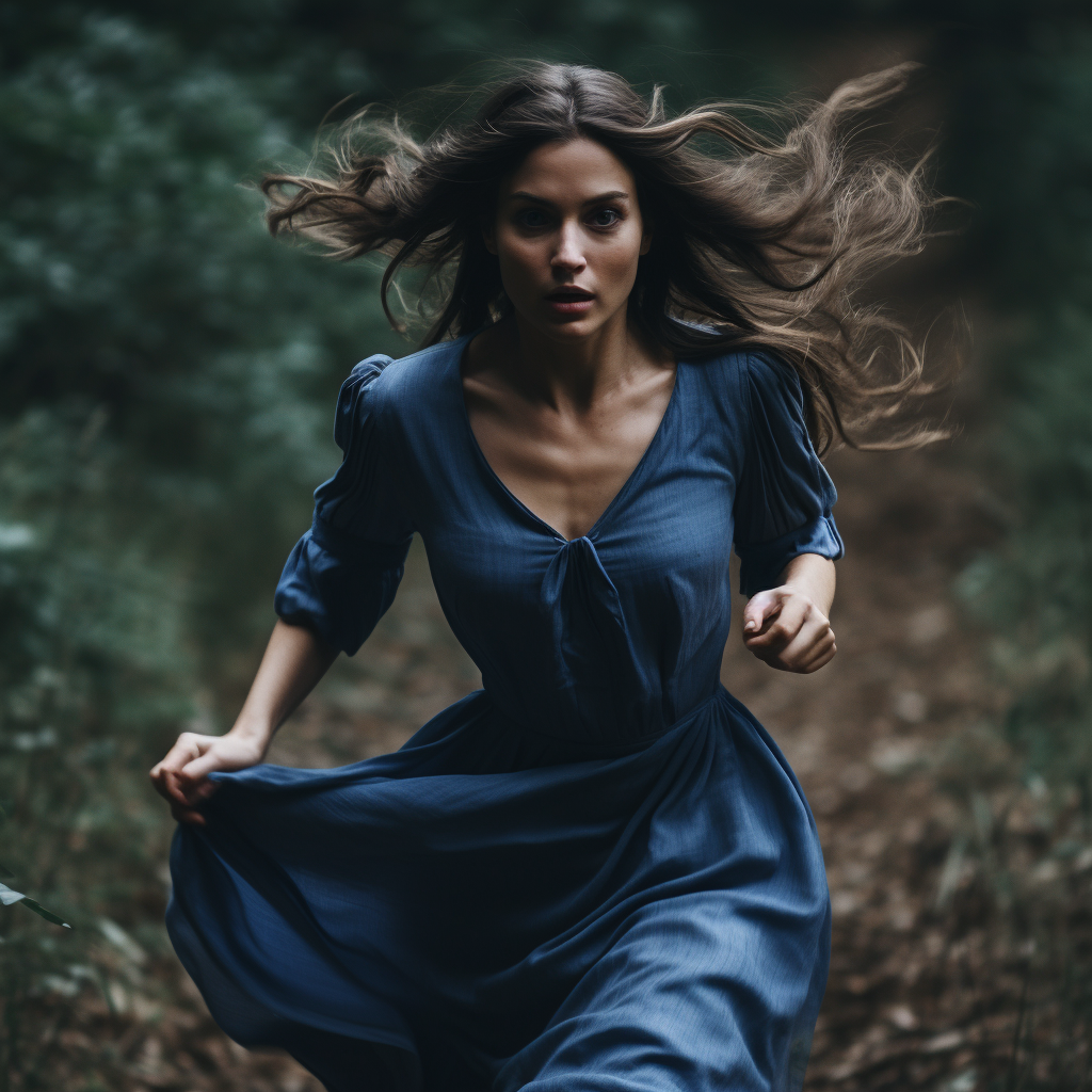 Woman Running in Blue Dress